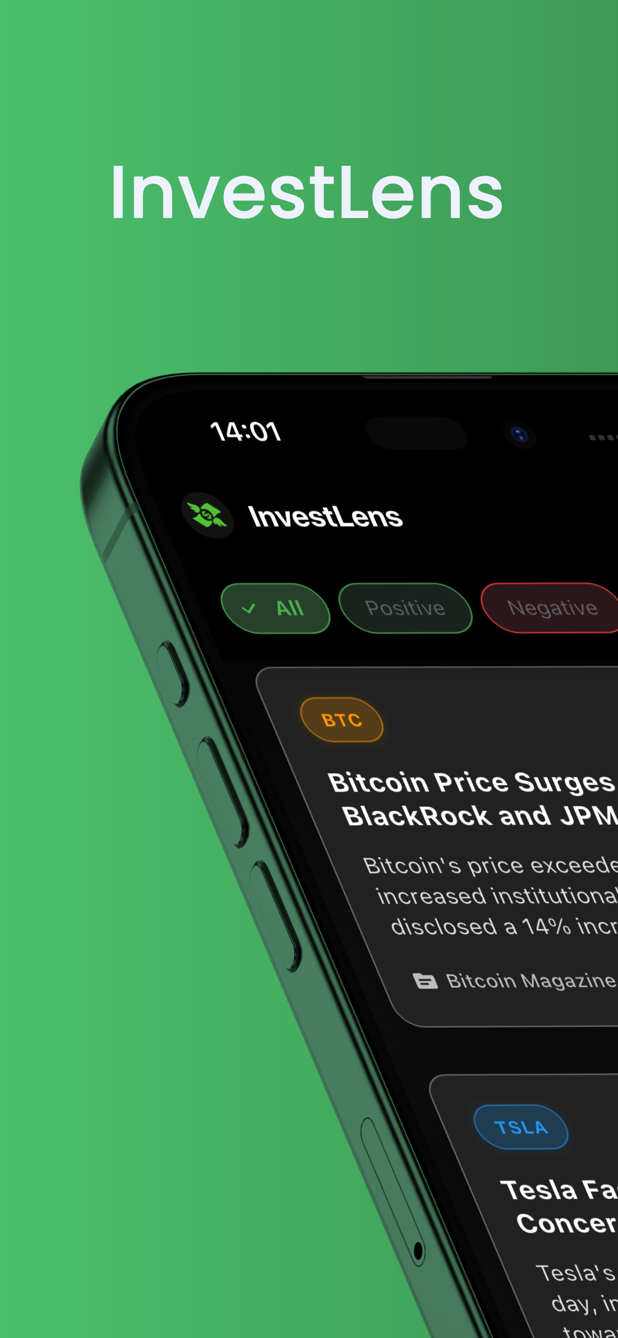 InvestLens news feed on iPhone